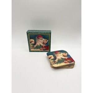 Legacy Publishing Santa Claus Christmas Square Wood Coaster Set of 6 w/ Box